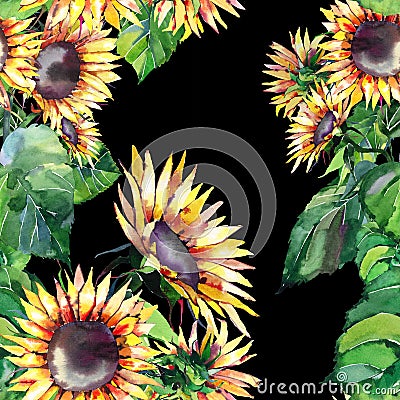 Beautiful bright graphic autumn wonderful colorful yellow orange herbal floral sunflowers with green leaves pattern Cartoon Illustration