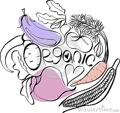 Beautiful bright graphic Scandinavian pattern of organic vegetables: potato, tomato, beetroot, shallot, eggplant, corn, carrot Vector Illustration