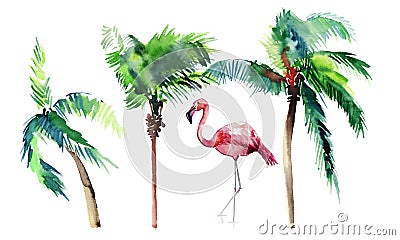 Beautiful bright green lovely wonderful hawaii floral summer pattern of a tropical green palm trees and tender pink flamingoes wat Stock Photo