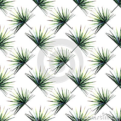 Beautiful bright green tropical wonderful hawaii floral herbal summer diagonal pattern of a palms watercolor Cartoon Illustration