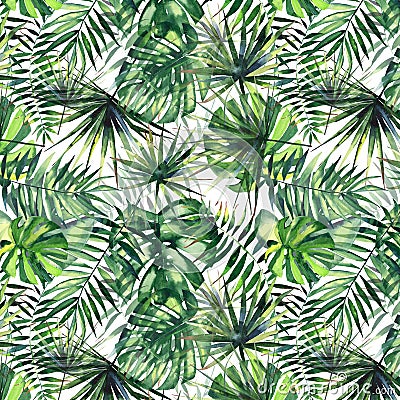 Beautiful bright green tropical wonderful hawaii floral herbal summer pattern of palms watercolor Cartoon Illustration