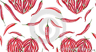 Beautiful bright hearts of red hot chili peppers with chili isolated pattern Cartoon Illustration