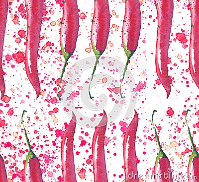 Beautiful bright juicy tasty mexican pattern of red hot chili peppers with spray and blots watercolor Cartoon Illustration