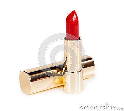 Beautiful bright lipstick in a gold box isolated on white background Stock Photo