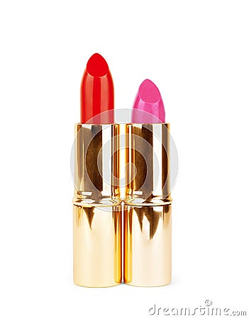 Beautiful bright lipstick in a gold box on a white background Stock Photo