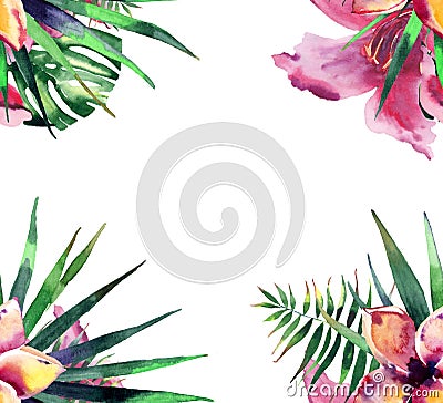 Beautiful bright lovely colorful tropical hawaii floral herbal summer frame of tropical flowers hibiscus orchids and palms leaves Stock Photo