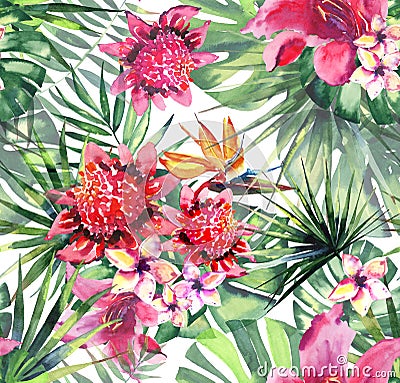 Beautiful bright lovely colorful tropical hawaii floral herbal summer pattern of tropical flowers hibiscus orchids and palms leave Stock Photo