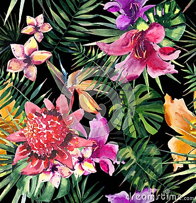 Beautiful bright lovely colorful tropical hawaii floral herbal summer pattern of tropical flowers hibiscus orchids and palms leave Stock Photo