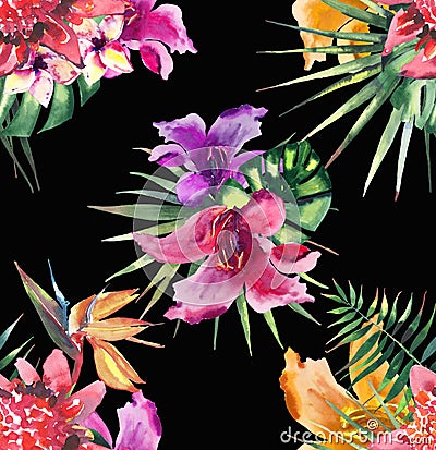 Beautiful bright lovely colorful tropical hawaii floral herbal summer pattern of tropical flowers hibiscus orchids and palms leave Stock Photo