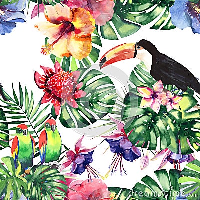 Beautiful bright lovely colorful tropical hawaii floral herbal summer pattern of tropical flowers hibiscus, palms leaves, lovely c Stock Photo