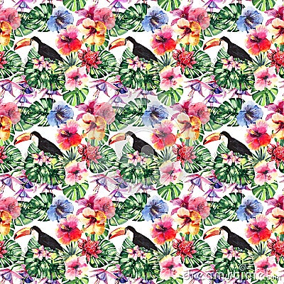 Beautiful bright lovely colorful tropical hawaii floral herbal summer pattern of tropical flowers hibiscus, palms leaves, lovely c Stock Photo