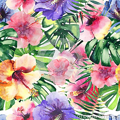 Beautiful bright lovely colorful tropical hawaii floral herbal summer pattern of tropical flowers hibiscus and palms leaves waterc Stock Photo