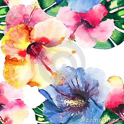 Beautiful bright lovely colorful tropical hawaii floral herbal summer pattern of tropical flowers hibiscus and palms leaves waterc Stock Photo