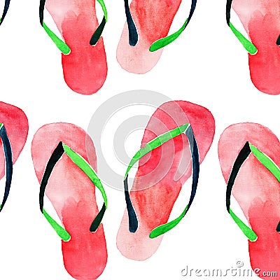 Beautiful bright lovely cute comfort summer pattern of beach red green flip flops watercolor hand illustration Cartoon Illustration