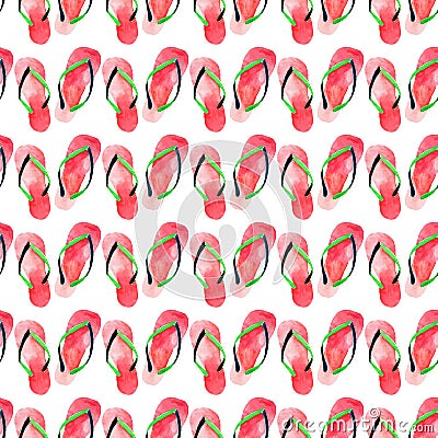Beautiful bright lovely cute comfort summer pattern of beach red green flip flops watercolor hand illustration Cartoon Illustration