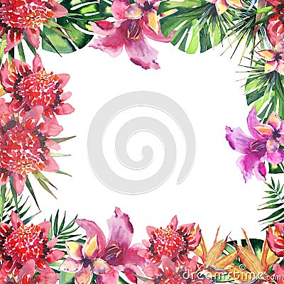 Beautiful bright lovely wonderful green tropical hawaii floral herbal summer colorful frame of tropical flowers and palms leaves w Stock Photo