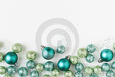 Beautiful, bright, modern Christmas holiday ornaments decorations in contemporary blue and green colors on white background Stock Photo