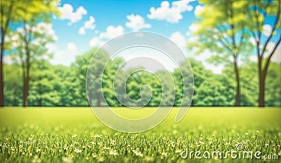 Beautiful bright natural image of fresh grass summer spring meadow with blurred background and blue sky with clouds. Summer nature Stock Photo