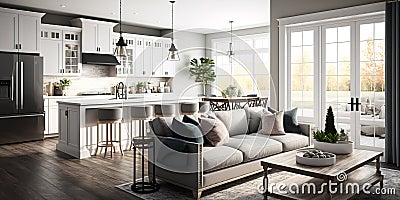 Beautiful and bright open concept living room. Generative AI Stock Photo