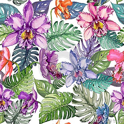 Beautiful bright orchid flowers and monstera leaves on white background. Seamless tropical floral pattern. Watercolor painting. Cartoon Illustration