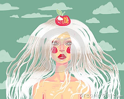 Beautiful bright stylish illustration. Portrait of a beautiful young woman or girl with blond long hair and with an apple on her Cartoon Illustration