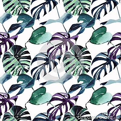 Beautiful bright tropical cute lovely wonderful hawaii floral herbal beach summer green blue violet pattern of a palms watercolor Cartoon Illustration