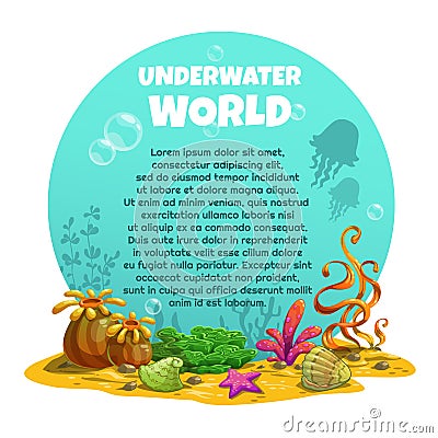 Beautiful bright unferwater background with cartoon sea weeds. Vector Illustration