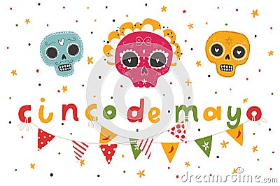 Beautiful bright vector illustrations with traditional Mexican sugar skulls and lettering Vector Illustration