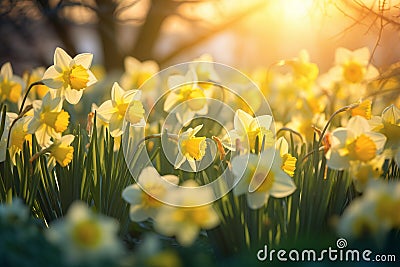 Beautiful bright yellow daffodil flowers blossoming in a garden on sunny spring day. Narcissus blooming in nature Stock Photo