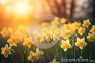 Beautiful bright yellow daffodil flowers blossoming in a garden on sunny spring day. Narcissus blooming in nature Stock Photo