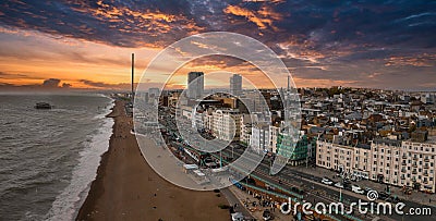 Beautiful Brighton beach view. Magical sunset and stormy weather in Brighton Stock Photo