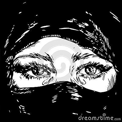 The beautiful brown eyed Muslim girl crying, face hidden in a black headscarf hijab Vector Illustration