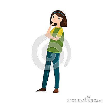 Beautiful brown-haired woman in blue pants thinking of something or making a decision. Vector illustration in flat Vector Illustration