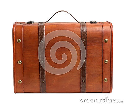 Beautiful brown stylish suitcase on white background Stock Photo