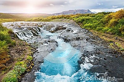 Beautiful Bruarfoss waterfall with turquoise water in Iceland Stock Photo