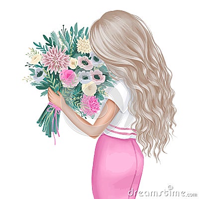 Beautiful brunette with a bouquet of flowers. Fashion illustration. Vector Illustration
