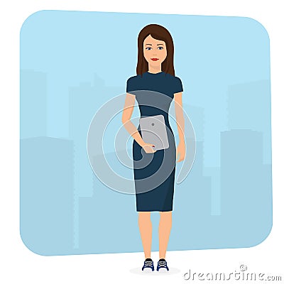 Beautiful brunette business woman using a touch pad tablet portable computer Vector Illustration