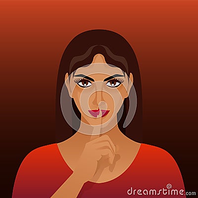 Beautiful brunette girl with finger at lips Vector Illustration