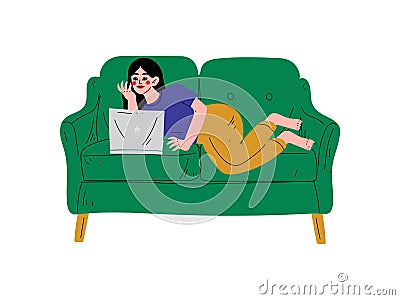 Beautiful Brunette Girl Lying On Sofa with Laptop, Young Woman Working or Relaxing at Home Using Computer Vector Vector Illustration