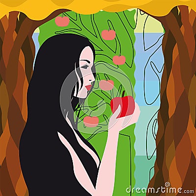 Beautiful brunette girl with red apple in the garden of paradise Vector Illustration