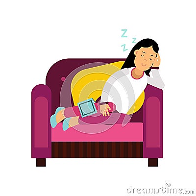 Beautiful brunette girl sleeping on armchair, relaxing person cartoon vector illustration Vector Illustration