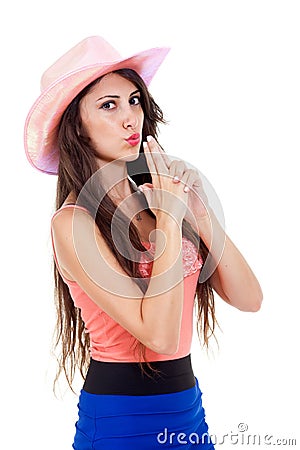 Beautiful brunette longhaired woman with pink cowboy hat. Stock Photo