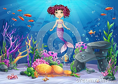 Beautiful brunette mermaid Vector Illustration