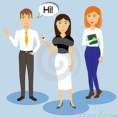 Beautiful brunette talking, offer her smartphone with red heart, young man says Hi with text bubble and shaking hand Vector Illustration