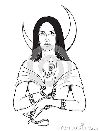 Beautiful brunette witch with serpent in her hands and crescent moon above her head line art and dot work. Boho chic tattoo, poste Vector Illustration