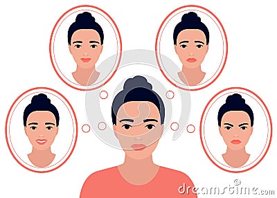 Beautiful brunette woman portrait with different facial feeling expressions. Young girl choose different emotions, play role, Vector Illustration