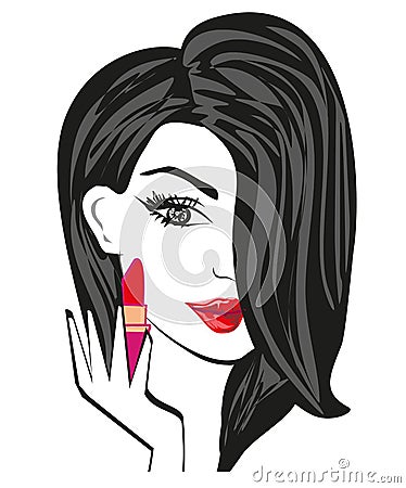 Beautiful brunette woman putting lipstick on Vector Illustration