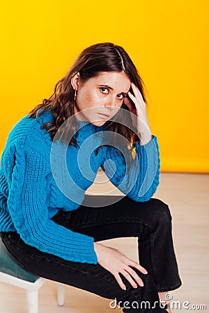 beautiful brunette woman in warm winter portrait sweater Stock Photo