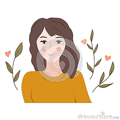 Beautiful brunette young woman with dreaming and thinking face. Romantic teenager girl character, vector illustration Vector Illustration