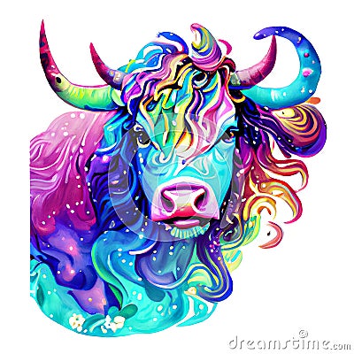 Beautiful bull portrait in watercolor style. Generative AI Stock Photo